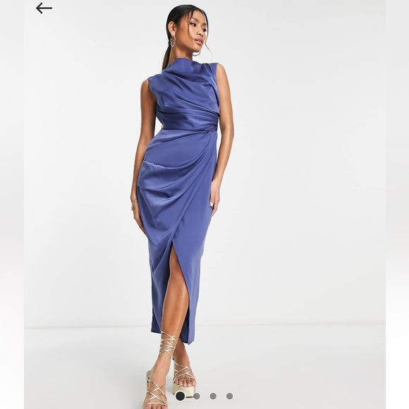 ASOS Dresses & Skirts - ASOS Blue Satin Draped Midi Dress